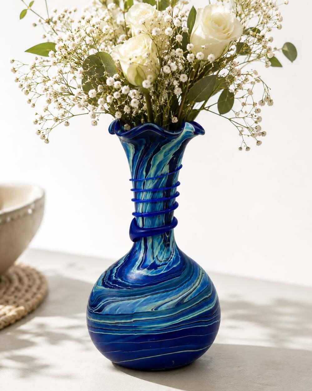 Phoenician Hand-Blown Swirl Glass Vase with Blue Spiral Detail